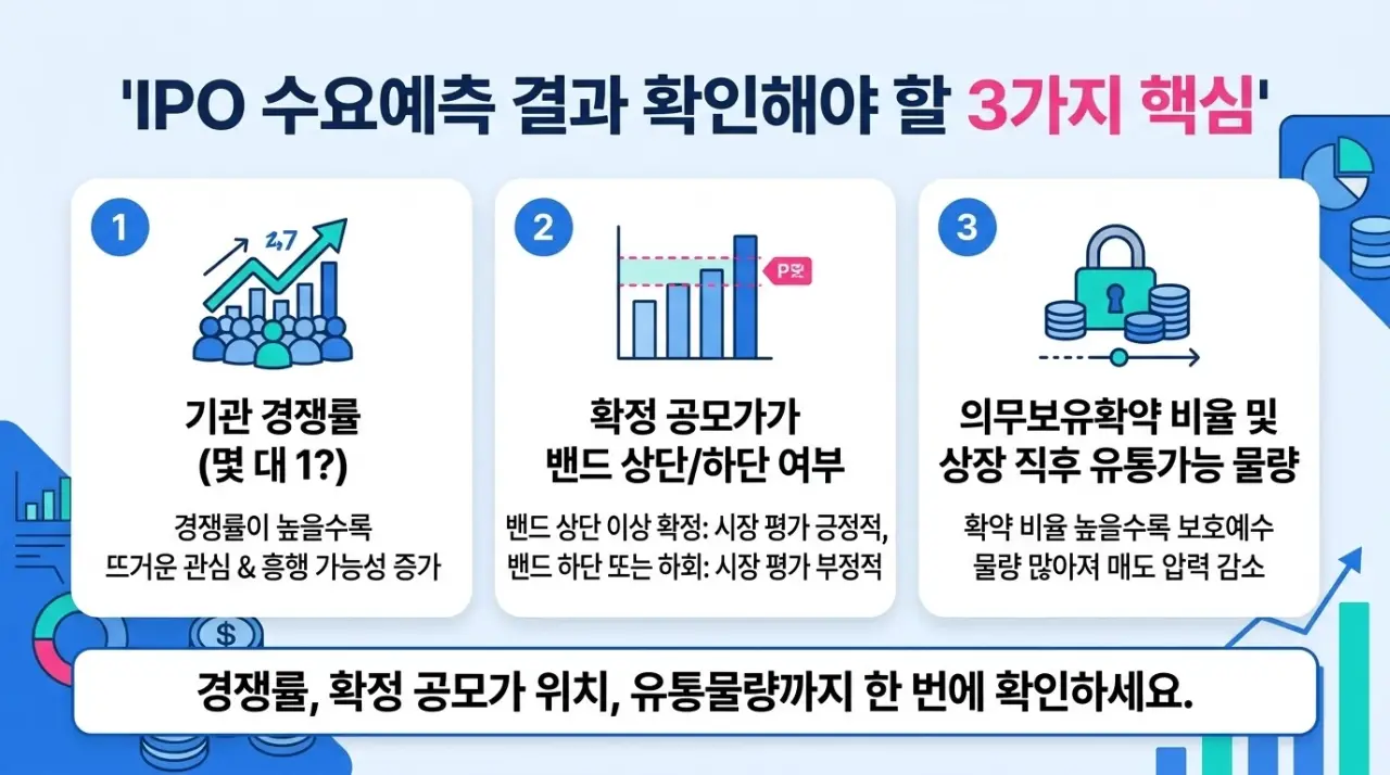 수요예측 결과에서 확인할 것: 기관 경쟁률, 밴드 상단 확정 여부, 의무보유 확약과 유통물량