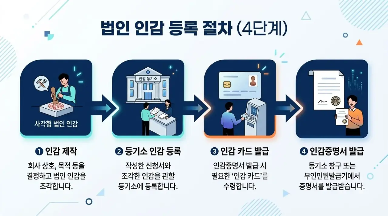 법인인감 등록 절차: 인감 제작, 등기소 인감 신고, 인감카드 발급, 인감증명서 발급 4단계